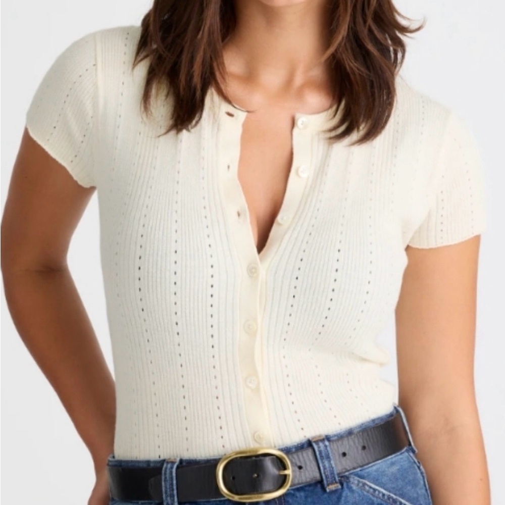Madewell Cream Cotton Blend Short-Sleeve Pointelle Button Knit Vintage Top S